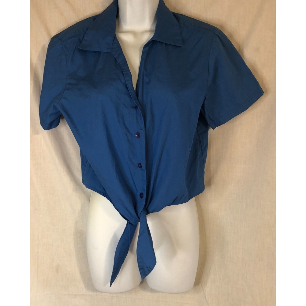 Vtg Talbots Petites Blue button Tie-Front Cropped Short Sleeve Shirt Size Medium